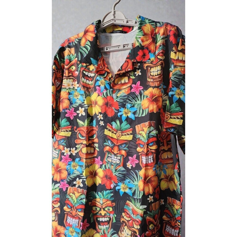HIHI Tiki Head Floral Hawaiian bowling Shirt Large New Excellent Flowers D30